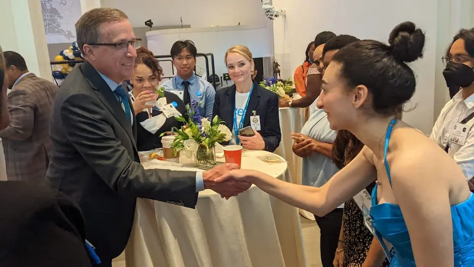 UNICEF USA President & CEO Michael J. Nyenhuis, left, meets youth who participated in the development of Houston's CFCI Local Action Plan on Aug. 11, 2022. 
