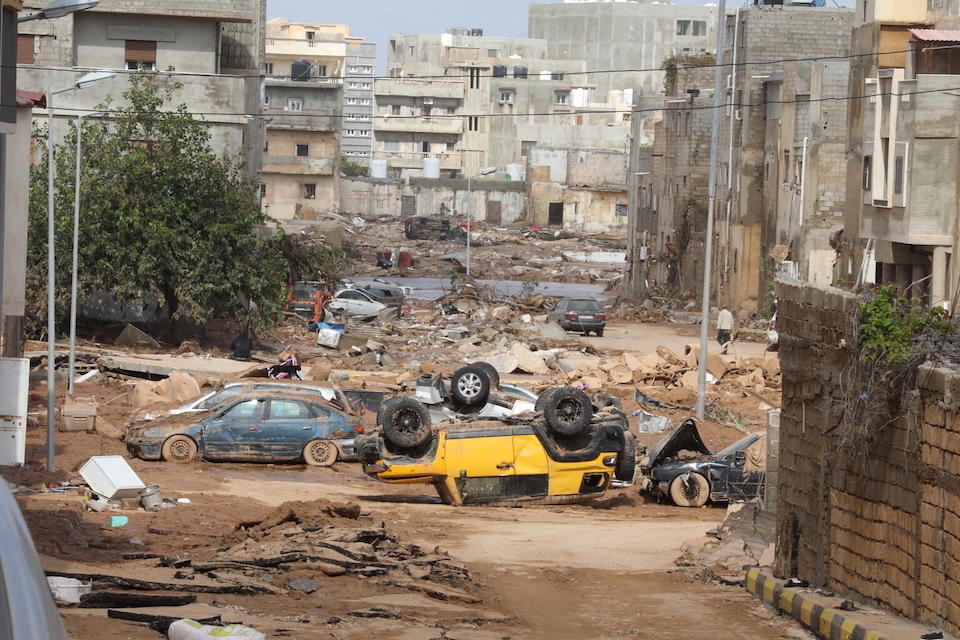 On Sept. 11, 2023, the streets of Derna, Libya are filled with debris following catastrophic flooding. 