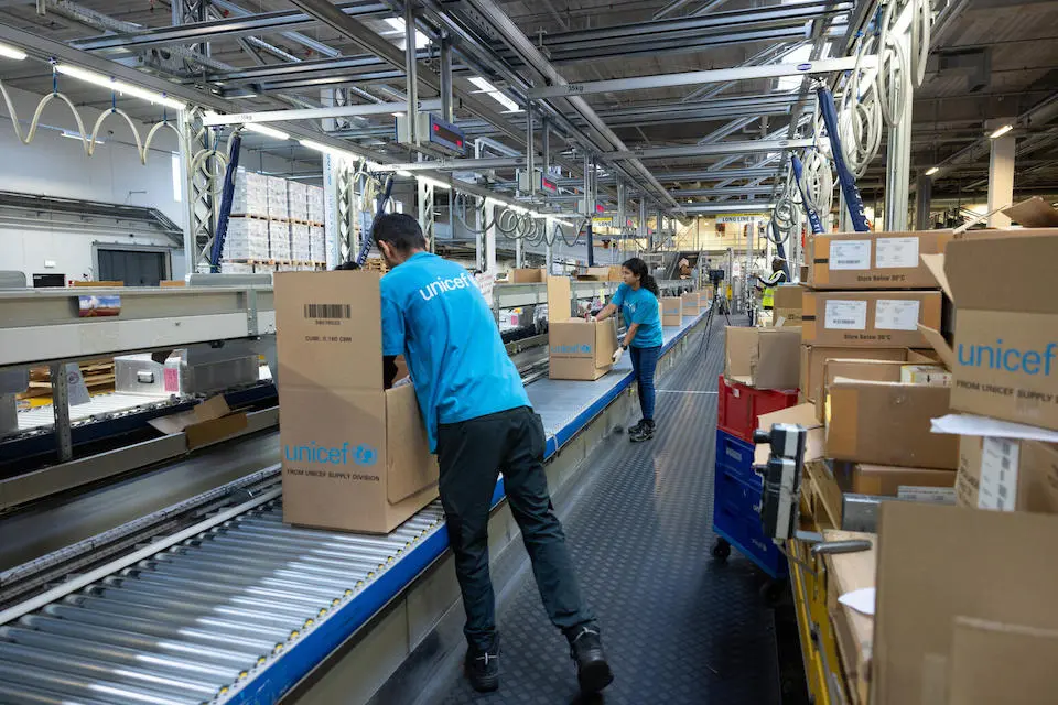 Shipment of medical, nutrition and shelter supplies from the UNICEF Global Supply and Logistics Hub in Copenhagen, bond for Libya following Storm Daniel.