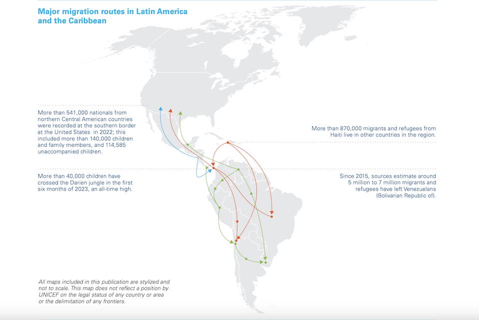 Major migration routes in Latin America and the Caribbean. Source: UNICEF Child Alert, The Changing Face of Child Migration in Latin America and the Caribbean, September 2023.
