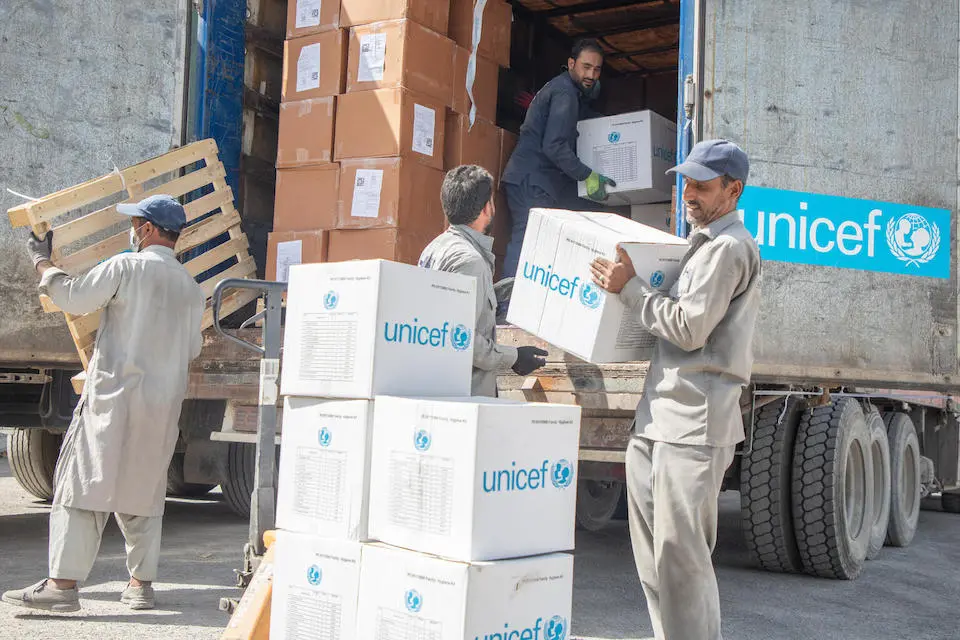 On Oct. 8, 2023, UNICEF workers loads cartons of family hygiene kits onto a truck for distribution to families affected by a deadly earthquake in western Afghanistan on Oct. 7..