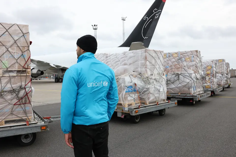 On Oct. 19, 2023, essential supplies are loaded on a UNICEF charter flight at the Copenhagen International Airport to be airlifted to El Arish, Egypt, close to Gaza.