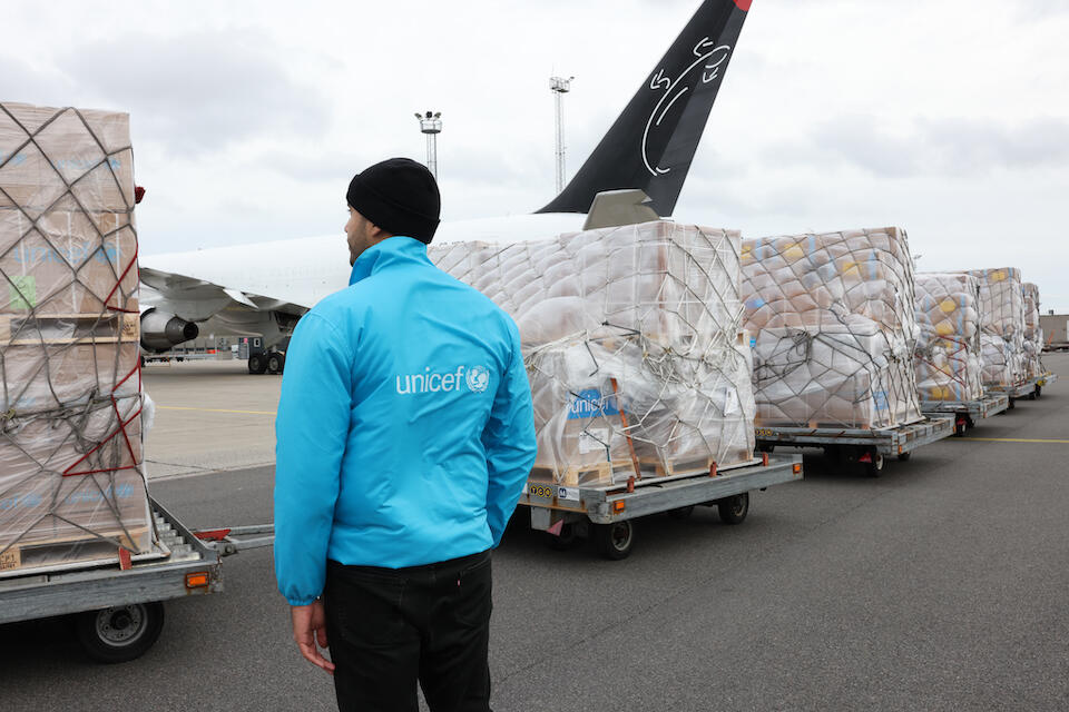 On Oct. 19, 2023, essential supplies are loaded on a UNICEF charter flight at the Copenhagen International Airport to be airlifted to El Arish, Egypt, close to Gaza. 