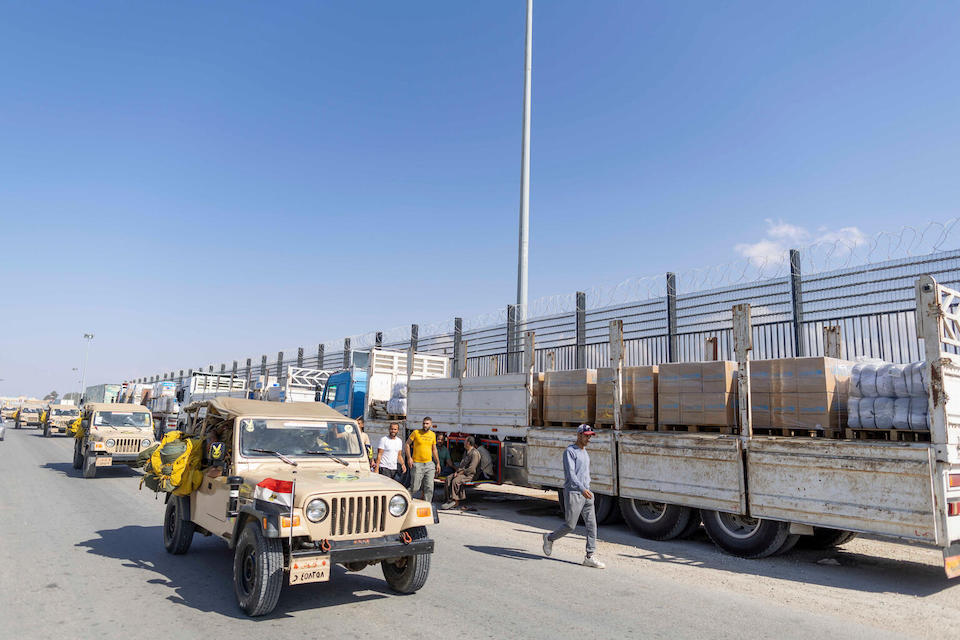 UNICEF lifesaving supplies lined near the Rafah border crossing waiting to cross into Gaza on Oct. 20, 2023.