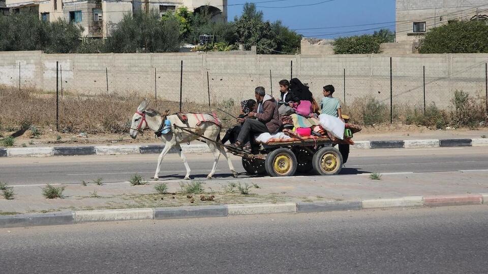 On Oct. 15, 2023, a family loaded a few of their possessions onto a donkey cart and left their home in northern Gaza in search of safety in the south. 