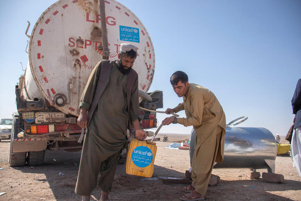 UNICEF water trucks deliver safe drinking water to children and families impacted by a series of earthquakes in Herat Province, Afghanistan in October 2023.