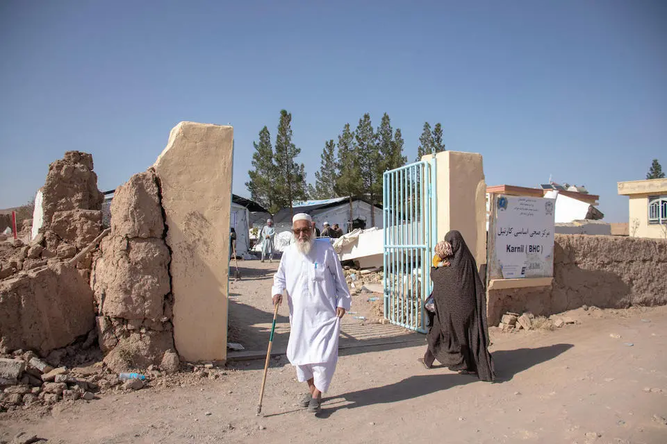 On Oct. 10, 2023, a man exits a temporary health clinic set up by UNICEF after an earthquake in Zinda Jan district, Afghanistan.