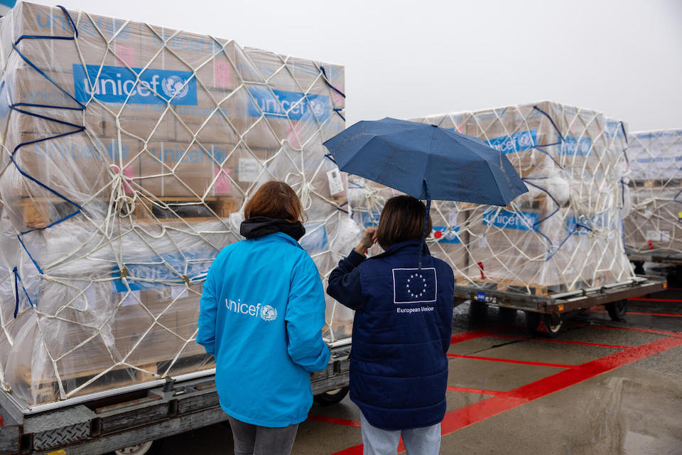 Several shipments of essential supplies are loaded onto UNICEF charter flights at Copenhagen International Airport.  