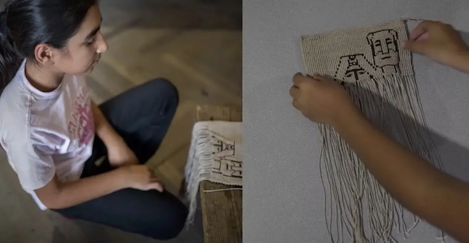 Zhenya, 13, who fled to Armenia in the fall of 2023, works to finish her macramé and dreams of returning to school.