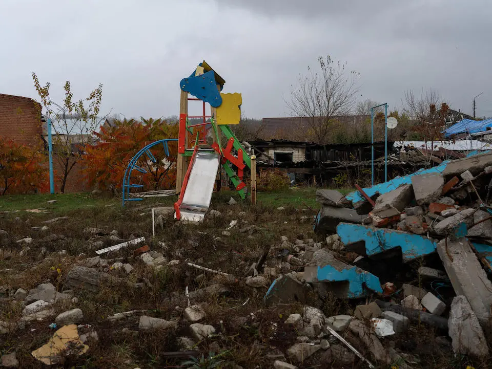 A playground damaged by shelling in Izium, Kharkivska oblast, Ukraine.