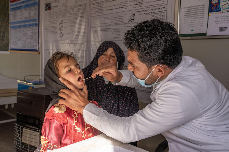 Adina, 8, receives a check-up for her respiratory infection inside a UNICEF-supported clinic in Karnil village, Zinda Jan district, Afghanistan on Jan. 14, 2024.