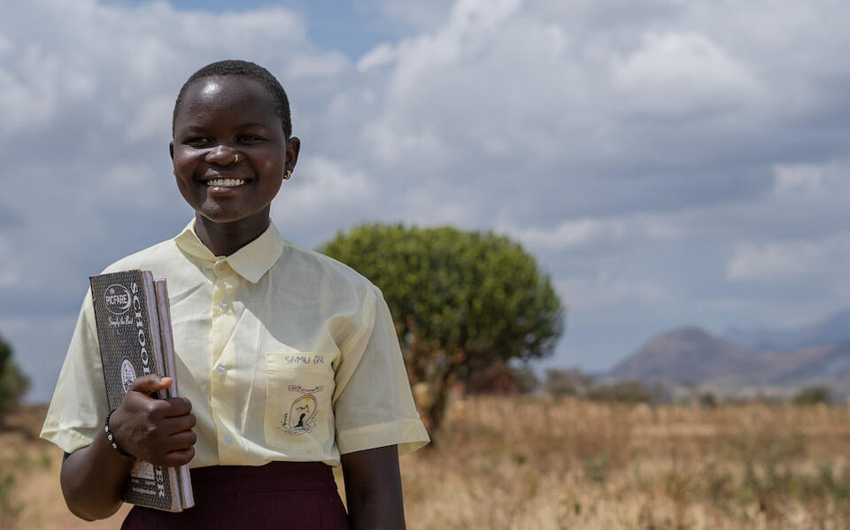 Gertrude, 17, a student at Tik Seed Secondary School in Uganda's Kaabong district, works as a peer advocate to discourage teens from marrying young.