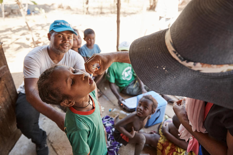 In Marovoay, Boeny, Ankazomborona region, Madagascar, a child received a dose of the oral polio vaccine during a UNICEF-supported immunization campaign.