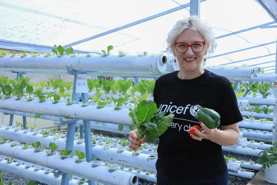 UNICEF's Regional Director Etleva Kadilli visits a partner-funded hydroponic farming project in Tigray, Ethiopia, where vegetables are grown using environmentally-friendly, sustainable techniques.