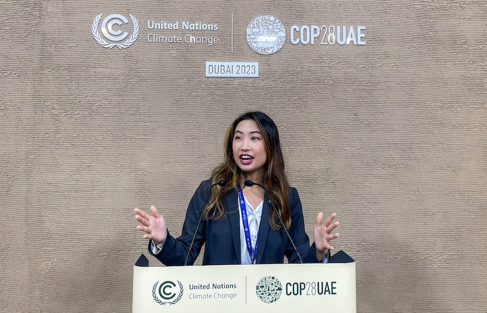 Cynthia, a former UNICEF Club and National Youth Council member, gave a speech at COP28 in November 2023.