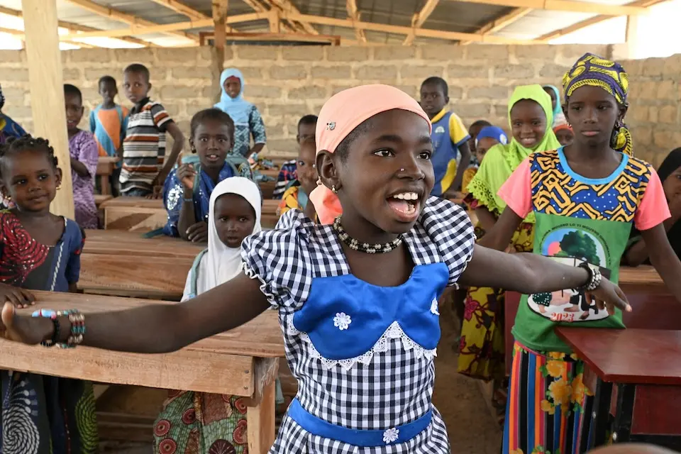 Children attend class at a temporary learning space in the village of Nioronigue, in the north of Côte d’Ivoire.