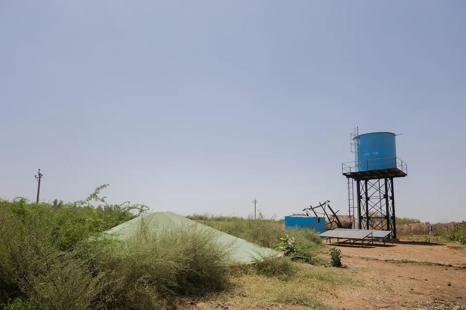 The elevated tank and the filtration system at the UNICEF-supported water treatment plant in Alsabaat community, River Atbara locality, Kassala state, Sudan.