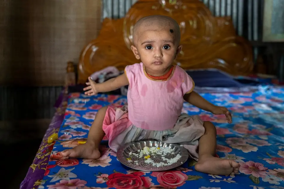 In Ramgati, Chittagong Division, 1-year-old Humaira is receiving nutrition support from UNICEF partner Caritas Bangladesh.