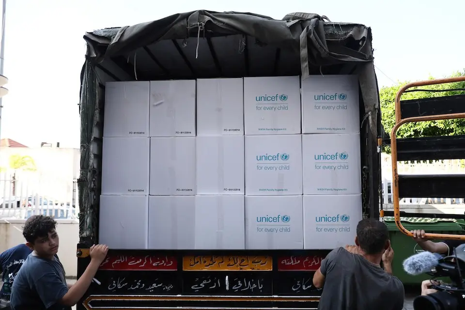 UNICEF initiated the distribution of bottled water and emergency hygiene kits at Bir Hasan Public School in Beirut, Lebanon, targeting collective shelters and densely populated areas receiving internally displaced persons (IDPs).