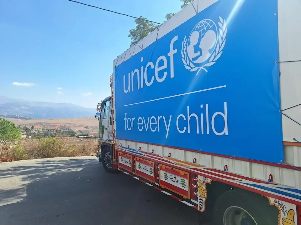 A UNICEF truck en route to deliver ifesaving supplies to thousands of people living in the villages of Marjaayoun, Nabatieh Governorate, southern Lebanon.