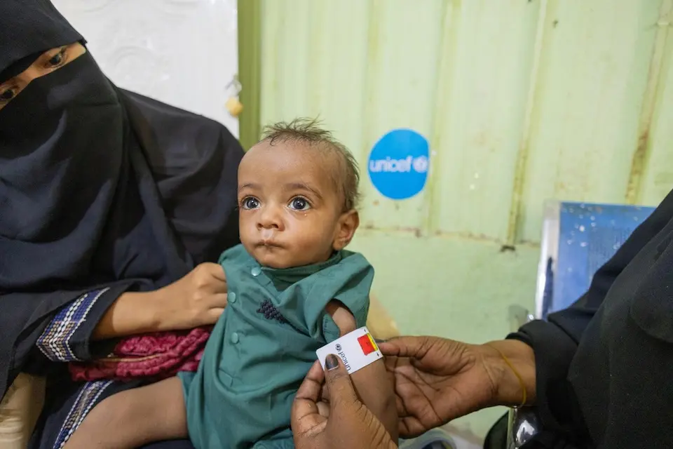 On Nov. 5, 2024, 10-month-old Hassan receives treatment including ready-to-use-therapeutic food (RUTF) at Deem Al Nour Health Center South, Gedaref state, Sudan.