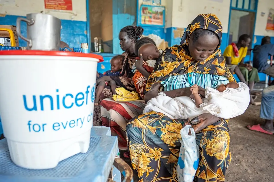 On July 30, 2024, mothers and babies wait to be seen at the UNICEF-supported Renk Hospital in the far north of South Sudan.