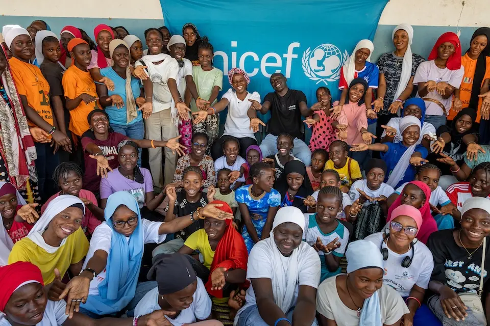 On Jan. 29, 2025, in Kolda, Senegal, Khaby Lame gathers with dozens of members of the UNICEF-supported local ‘girls club.