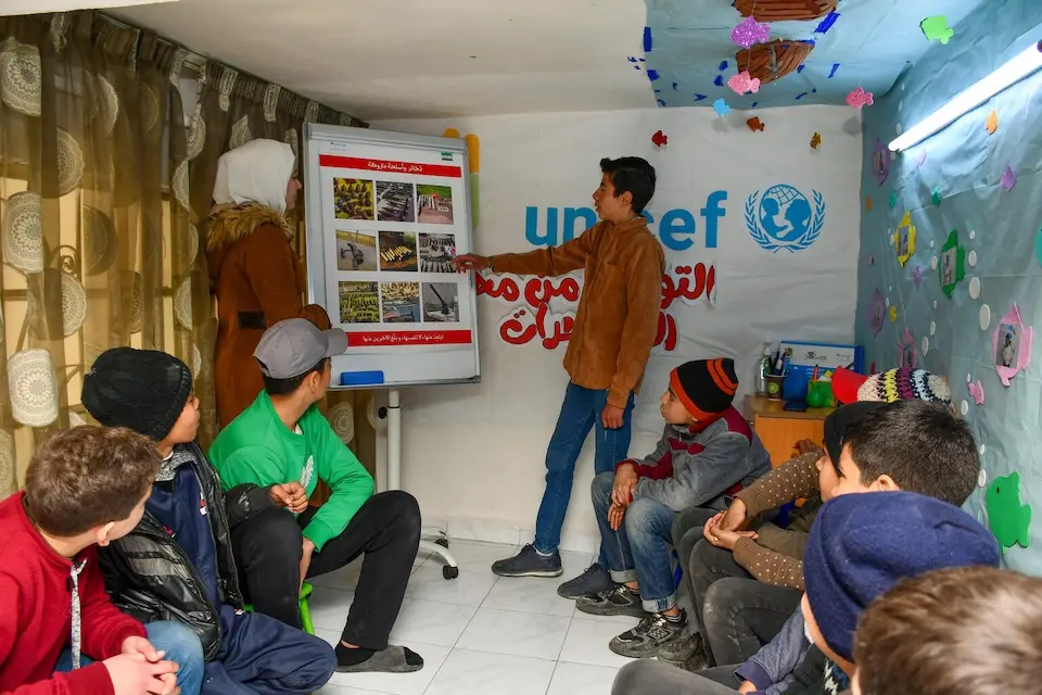 Mohammed, 15, participates in an education session on explosive ordnance at a UNICEF-supported child-friendly space in Bseimeh Mohammed, 15, participates in an education session on explosive ordnance at a UNICEF-supported child-friendly space in Bseimeh village, Rural Damascus, on 02 February 2025., Rural Damascus, Syria on Feb. 2, 2025.