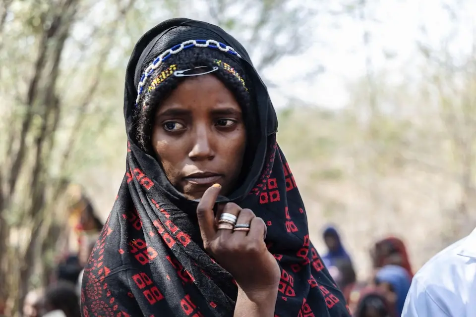On March 16, 2025 in the Afar region of Ethiopia, Halima Mohammed, nine months pregnant, attends an outreach activity led by a UNICEF-supported mobile health and nutrition team.