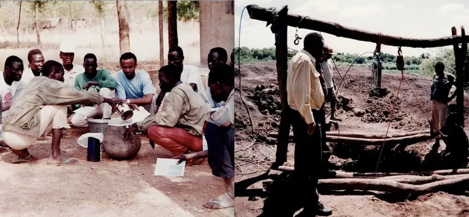 Archival photo of UNICEF-supported efforts to eradicate Guinea worm disease in Ethiopia, including community health demonstrations and well construction.