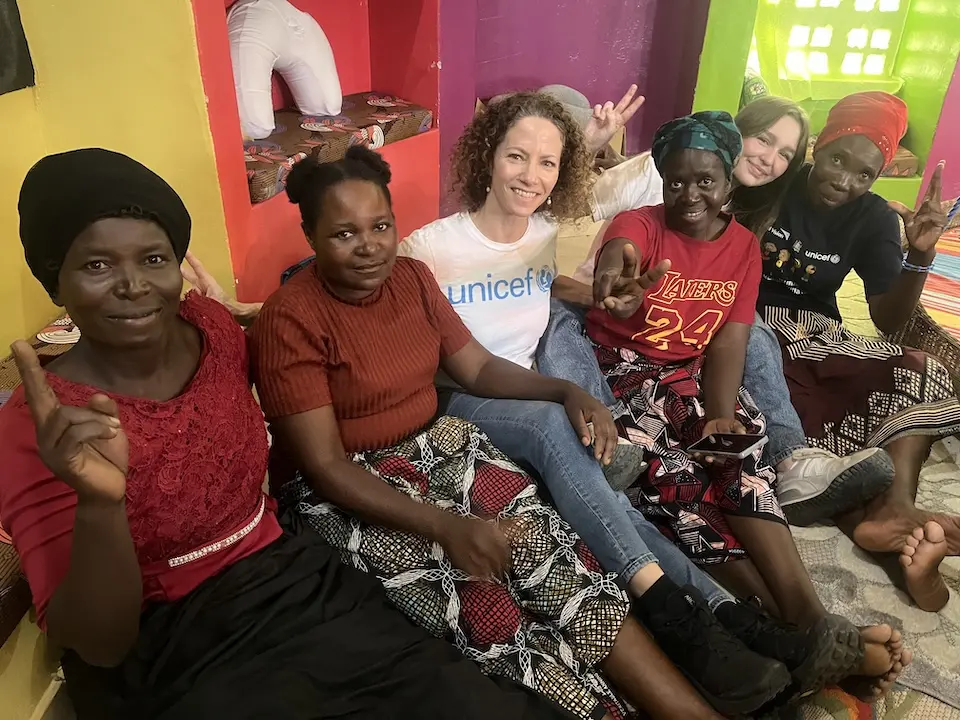UNICEF USA staff visit with volunteers at the UNICEF-supported Kasunbanya Early Childhood Development Center in Zambia.