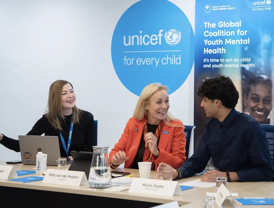 Aryan (right) with Assistant Secretary-General and Deputy Executive Director, Partnerships, of UNICEF, Kitty van der Heijden (center) and UNICEF Global Mental Health Lead Dr. Zeinab Hijazi (left), in September 2024, at the Innovative Financing for Mental Health event at the United Nations General Assembly (UNGA). A