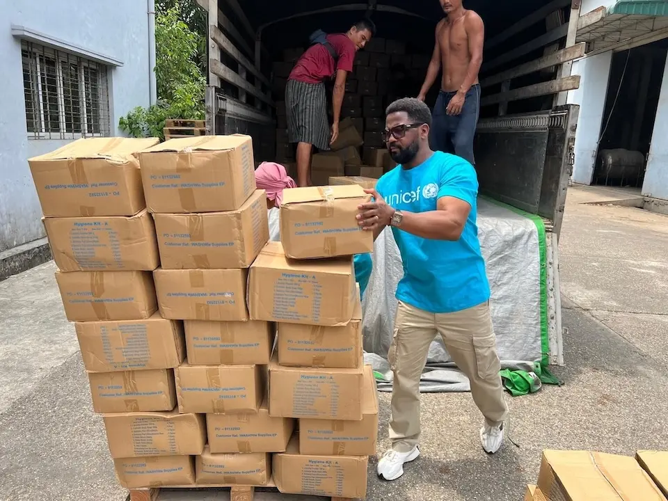 UNICEF Myanmar Chief of Supply Moses Sichawo prepares emergency supplies at UNICEF's central warehouse in Yangon, Myanmar on March 31, 2025.