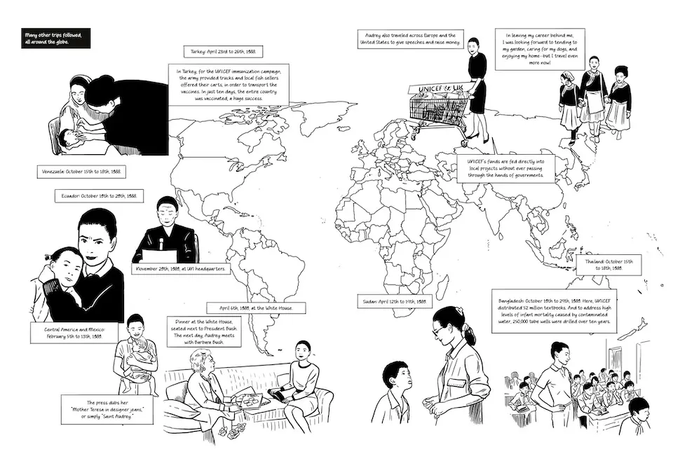 Pages from a graphic novel, "Audrey Hepburn: An Illustrated Biography"