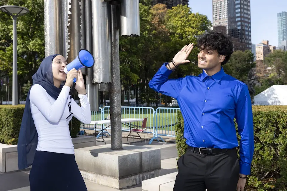 UNICEF-supported youth advocates meet outside UN headquarters in New York.
