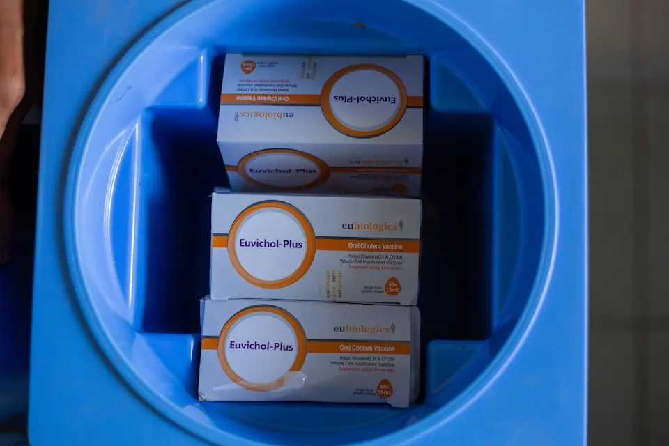 Boxes of oral cholera vaccine packaged in blue cooler box.