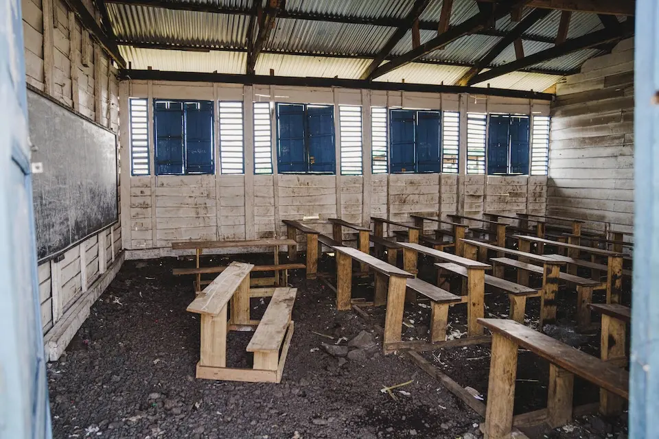 Empty classroom at the UNICEF-supported Bulengo Primary School in the Bulengo displacement site, near Goma, North Kivu province in DR Congo, on Feb. 10, 2025.