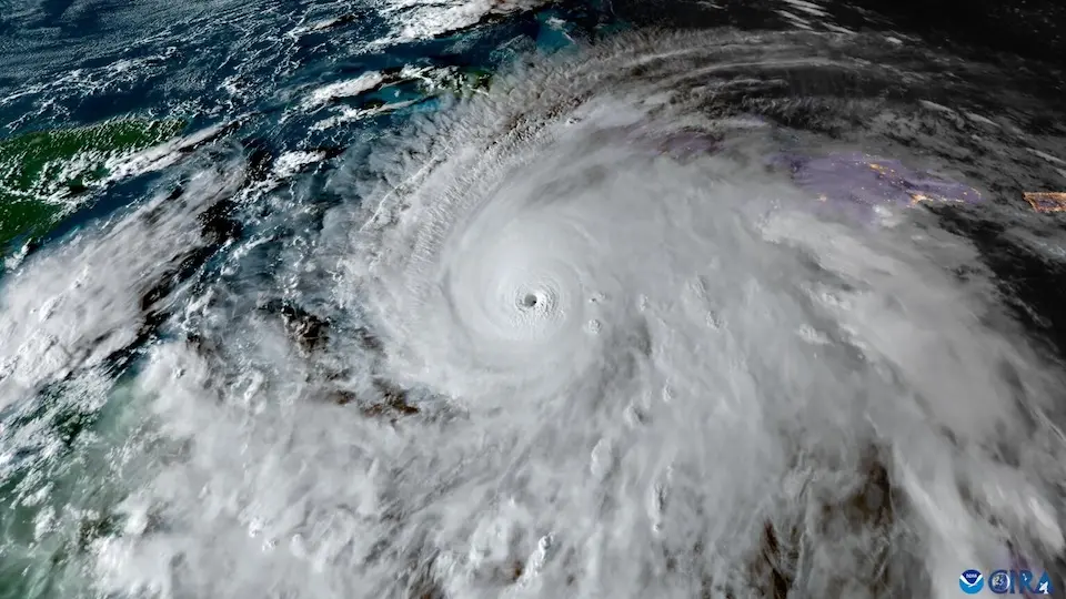 Sunlight fades on the powerful Hurricane Melissa in the Caribbean Sea on Oct. 27, 2025 in this satellite imagery provided by CIRA.