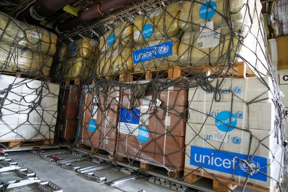 Shipments of emergency supplies provided by UNICEF and the EU being transported to Afghanistan following a flood