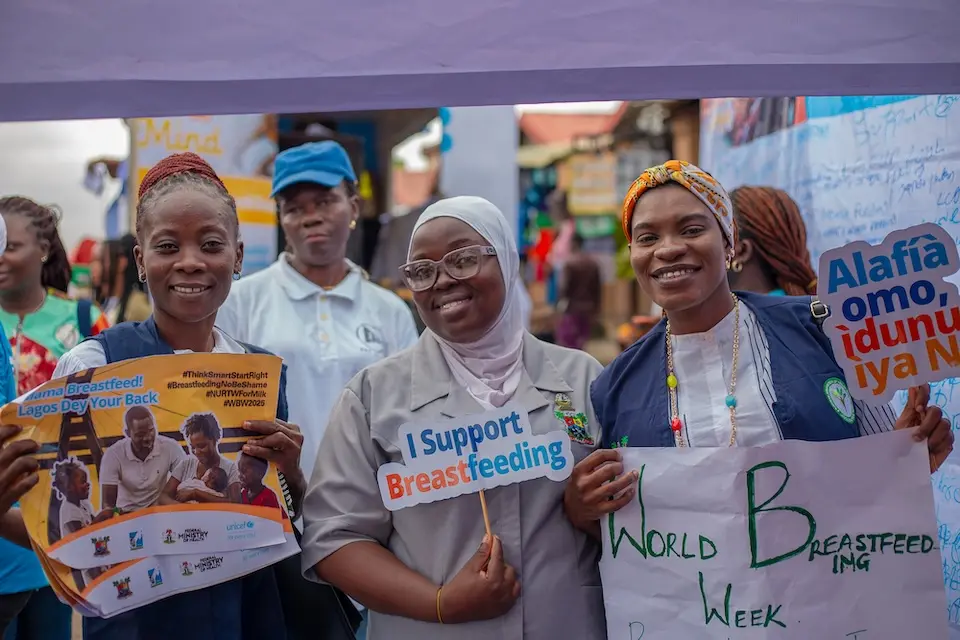 Health educators raising awareness of benefits of exclusive breastfeeding during an August 2025 community campaign in Ilepo, Lagos, Nigeria.