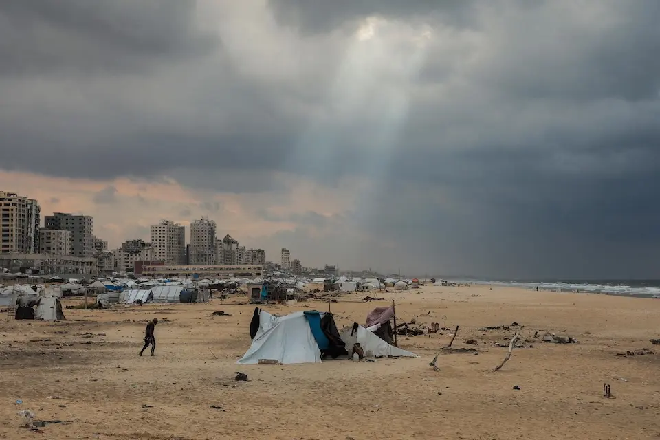 Tents for displaced Palestinian families along the shoreline in the Gaza Strip on Nov. 14, 2025.