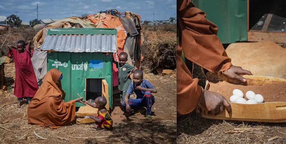 UNICEF provided a chicken house for displaced children at a camp in Somalia had eggs to eat.