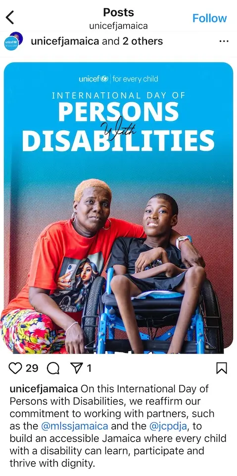 UNICEF Jamaica Instagram post screenshot