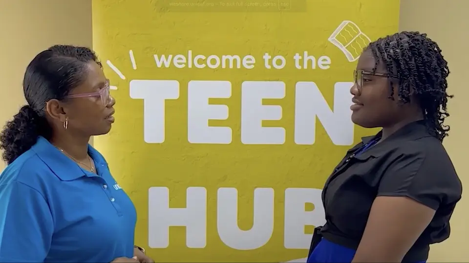 UNICEF nutrition officer with adolescent girl receiving services at a UNICEF-supported teen hub in St. Thomas, Jamaica.