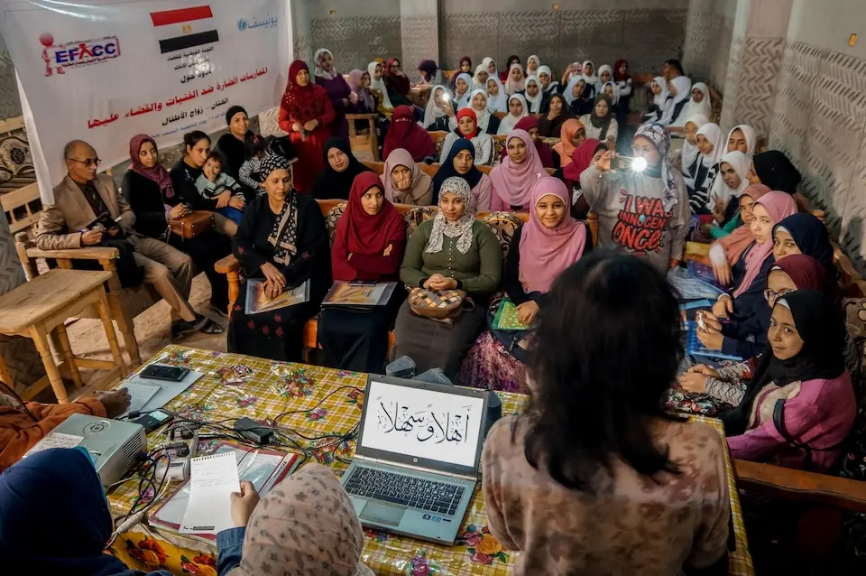 Girls and women in Upper Egypt attend a training session on how to advocate against FGM.