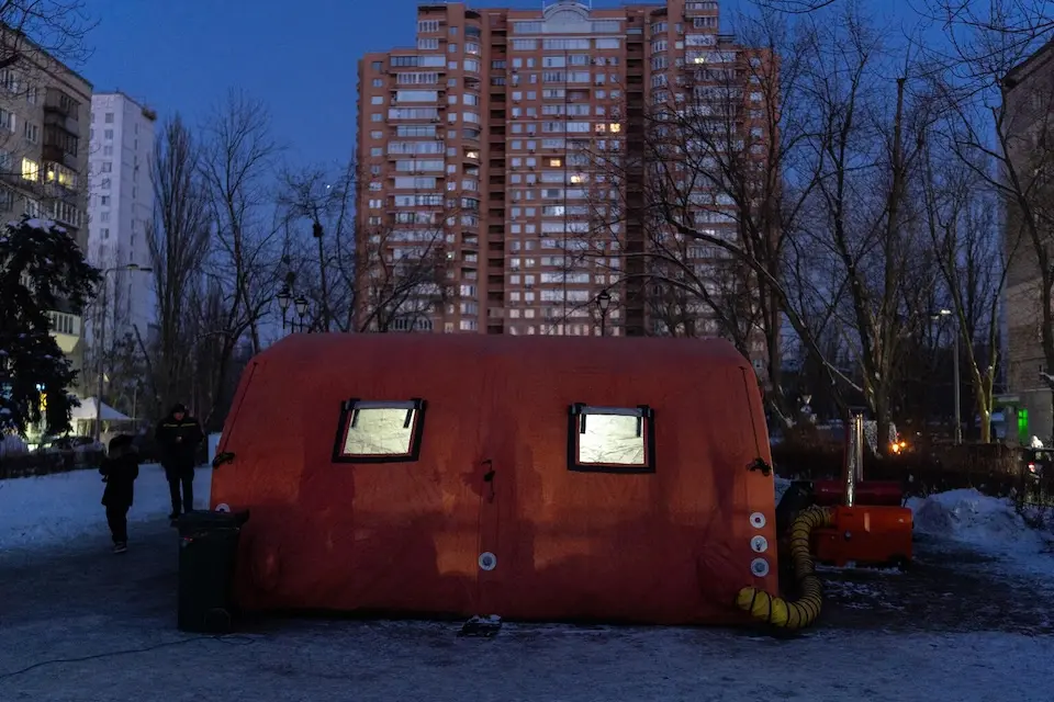 An outside view of one of the heated tented spaces set up by Ukraine's State Emergency Service, with support from UNICEF.