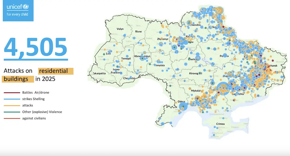 map showing attacks on residential buildings in Ukraine in 2025