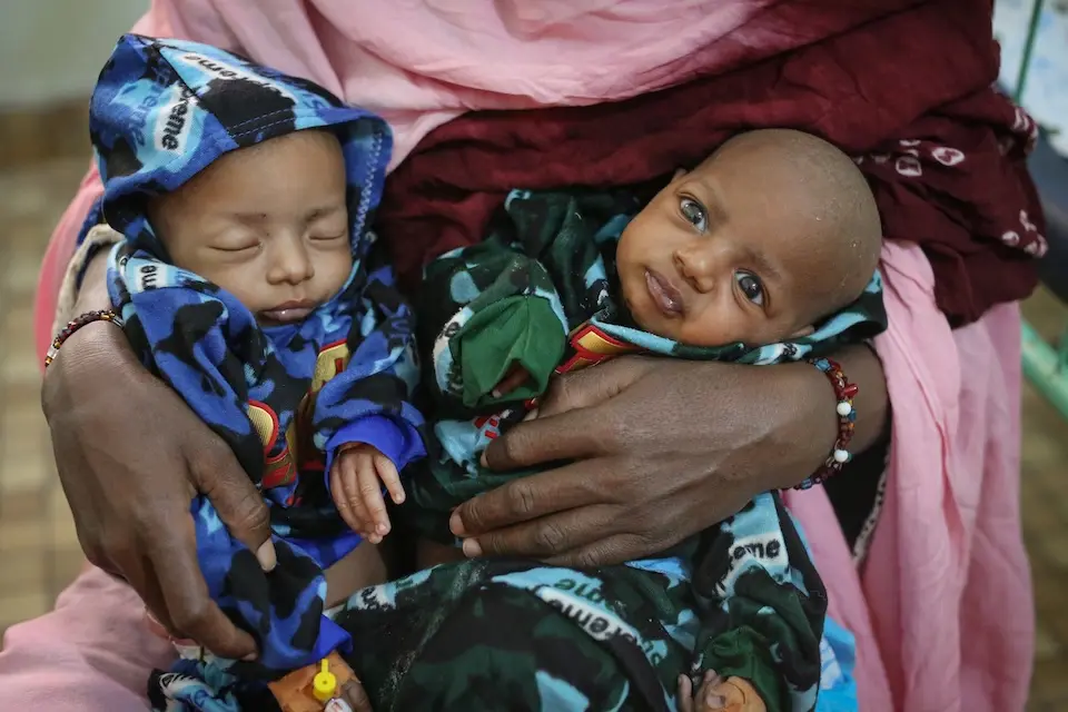 A closeup of newborn twins Abdoulaye and Oumou, born at a hospital in Timbuktu, Mali.