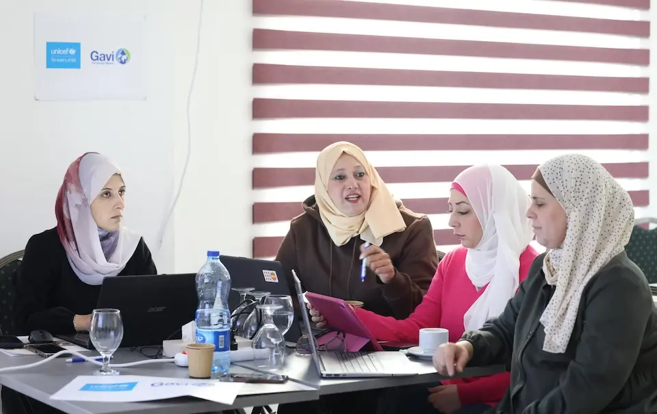 Women discuss immunization capacity building during a training session in Ramallah, West Bank on Feb. 16, 2026.. 