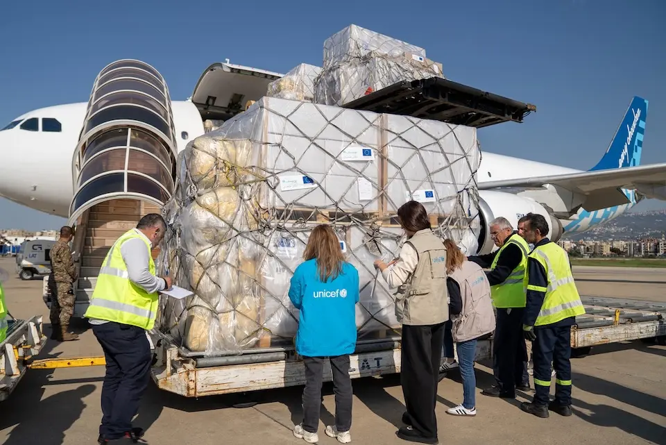 On March 10, 2026, UNICEF receives 45 tons of emergency supplies at the Beirut international airport in response to the escalation of conflict in Lebanon. 